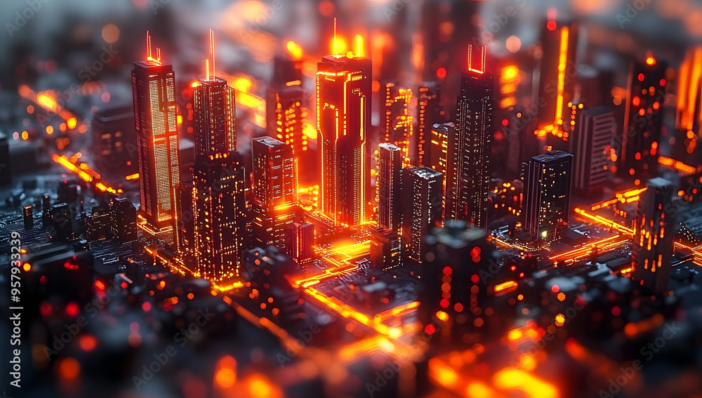 Tilt-Shift Cityscape of Neon Circuit Board Buildings with LED Data Streams and Vibrant Colored Lighting Tilt-Shift Cityscape of Neon Circuit Board Buildings with LED Data Streams and Vibrant Colored Lighting