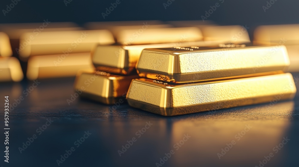 Illuminated Gold Bars Glowing in Dim Market Environment with Copy Space, Selective Focus - Illuminated Gold Bars Glowing in Dim Market Environment with Copy Space, Selective Focus -