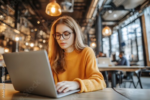 Young beautiful woman working laptop a modern workspace