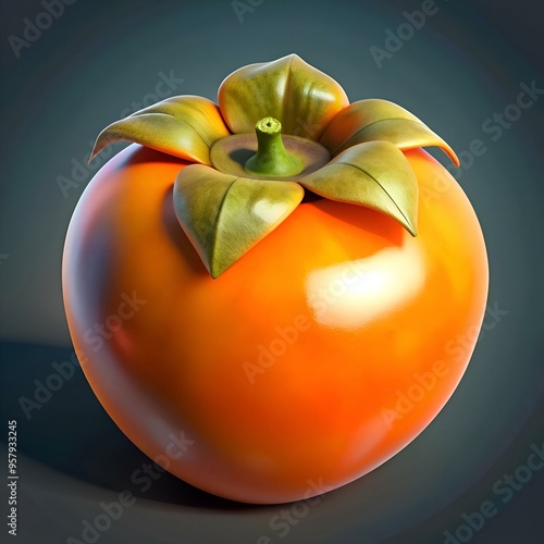 A vibrant 3D illustration of a ripe American persimmon with glossy skin and a detailed green calyx. photo