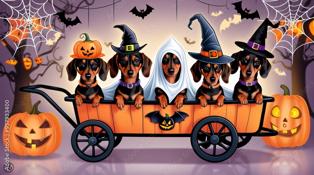 Fototapeta premium Four Dachshunds in Halloween Costumes Riding in a Pumpkin Carriage