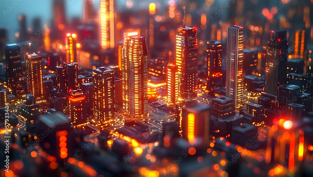 Tilt-Shift Cityscape of Neon Circuit Board Buildings with LED Data Streams and Vibrant Colored Lighting Tilt-Shift Cityscape of Neon Circuit Board Buildings with LED Data Streams and Vibrant Colored Lighting