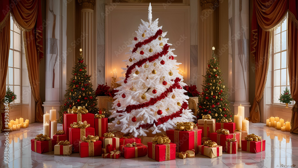 White Christmas tree with golden and red decorations White Christmas tree with golden and red decorations
