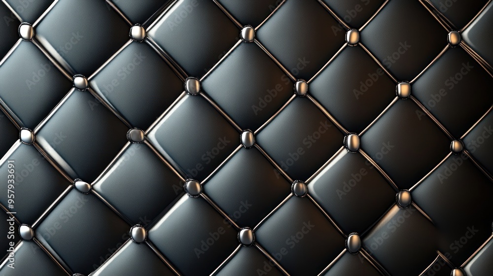 Black Leather Upholstery with Silver Buttons and Stitching Black Leather Upholstery with Silver Buttons and Stitching