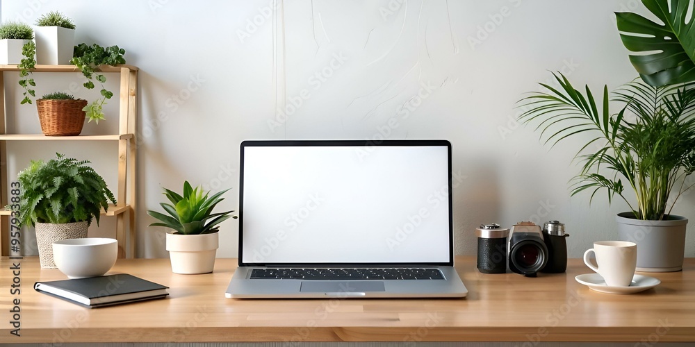 A clean and modern workspace with a laptop. camera. notebook. and coffee cup. A clean and modern workspace with a laptop. camera. notebook. and coffee cup.