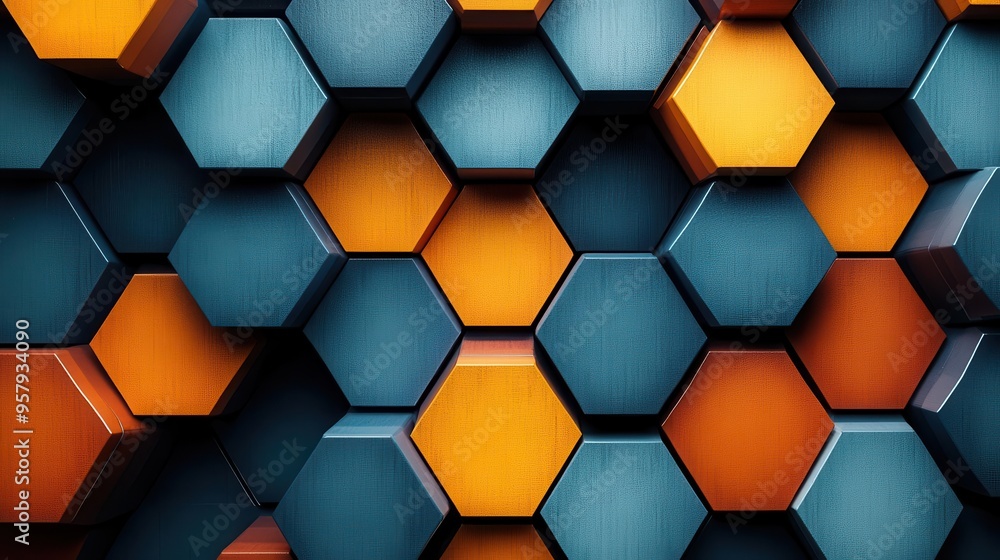 Hexagonal abstract art, 3D visual depth, top view, immersive structure, futuristic tone, split-complementary color scheme Hexagonal abstract art, 3D visual depth, top view, immersive structure, futuristic tone, split-complementary color scheme