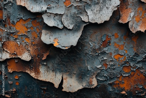 A close-up of a rusted metal surface with peeling paint, showcasing the texture and layers of decay