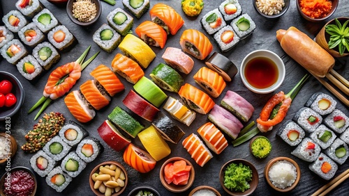 Aerial view of a diverse all-you-can-eat sushi selection including rainbow roll, uramaki, hosomaki, and nigiri