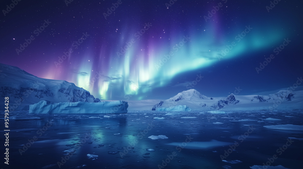 Naklejka premium Aurora Australis, blue and purple lights dancing in the night sky above the icy waters of Antarctica, huge icebergs floating in the distance, Ai generated images