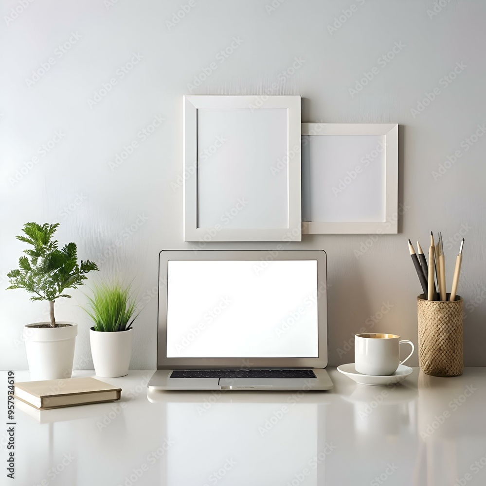 Clean and minimal workspace with laptop. blank frames. plants. and coffee. Clean and minimal workspace with laptop. blank frames. plants. and coffee.