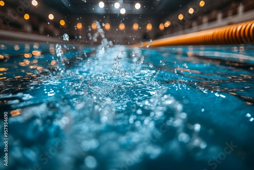 Olympic sized swimming pool. Interior swimming pool, stadium, event. Brightly lit, fresh water.	
 photo