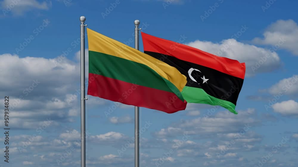 Libya and Lithuania flags flying together, video concept of the relationship, two country cooperation concept Libya and Lithuania flags flying together, video concept of the relationship, two country cooperation concept