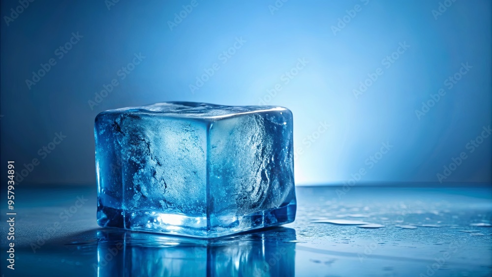 Blue iceblock on table with light blue background Blue iceblock on table with light blue background