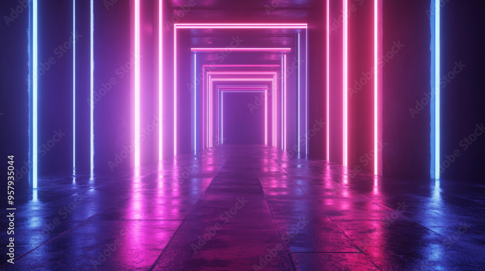 This high-quality photo features a 3D rendering of an abstract psychedelic background illuminated by vibrant neon lights and glowing lines. The scene is bathed in ultraviolet hues, creating a mesmeriz This high-quality photo features a 3D rendering of an abstract psychedelic background illuminated by vibrant neon lights and glowing lines. The scene is bathed in ultraviolet hues, creating a mesmeriz