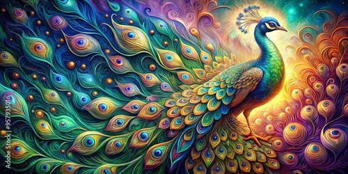 Vibrant peacock artwork with intricate swirls and bold colors set in a mystical environment