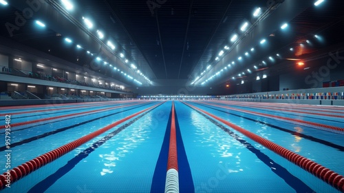 Olympic sized swimming pool. Interior swimming pool, stadium, event. Brightly lit, fresh water.	
 photo