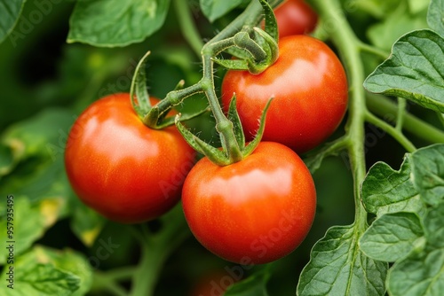 A close-up of red tomatoes still attached to the vine, surrounded by green leaves