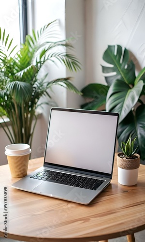 A modern laptop with a blank screen sits on a wooden table. surrounded by lush greenery.