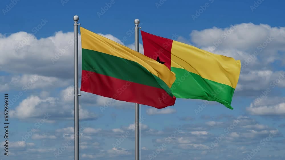 Guinea-Bissau and Lithuania flags flying together, video concept of the relationship, two country relations concept Guinea-Bissau and Lithuania flags flying together, video concept of the relationship, two country relations concept