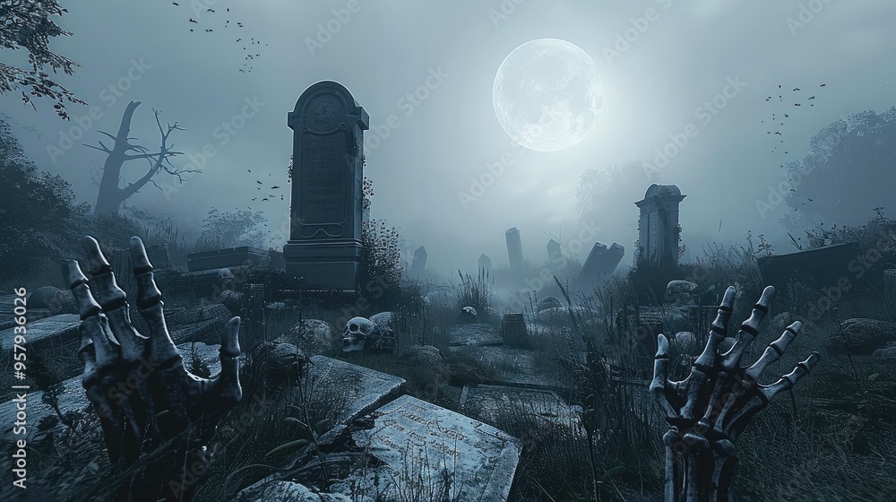 A misty graveyard with ancient tombstones, skeleton hands reaching out ...