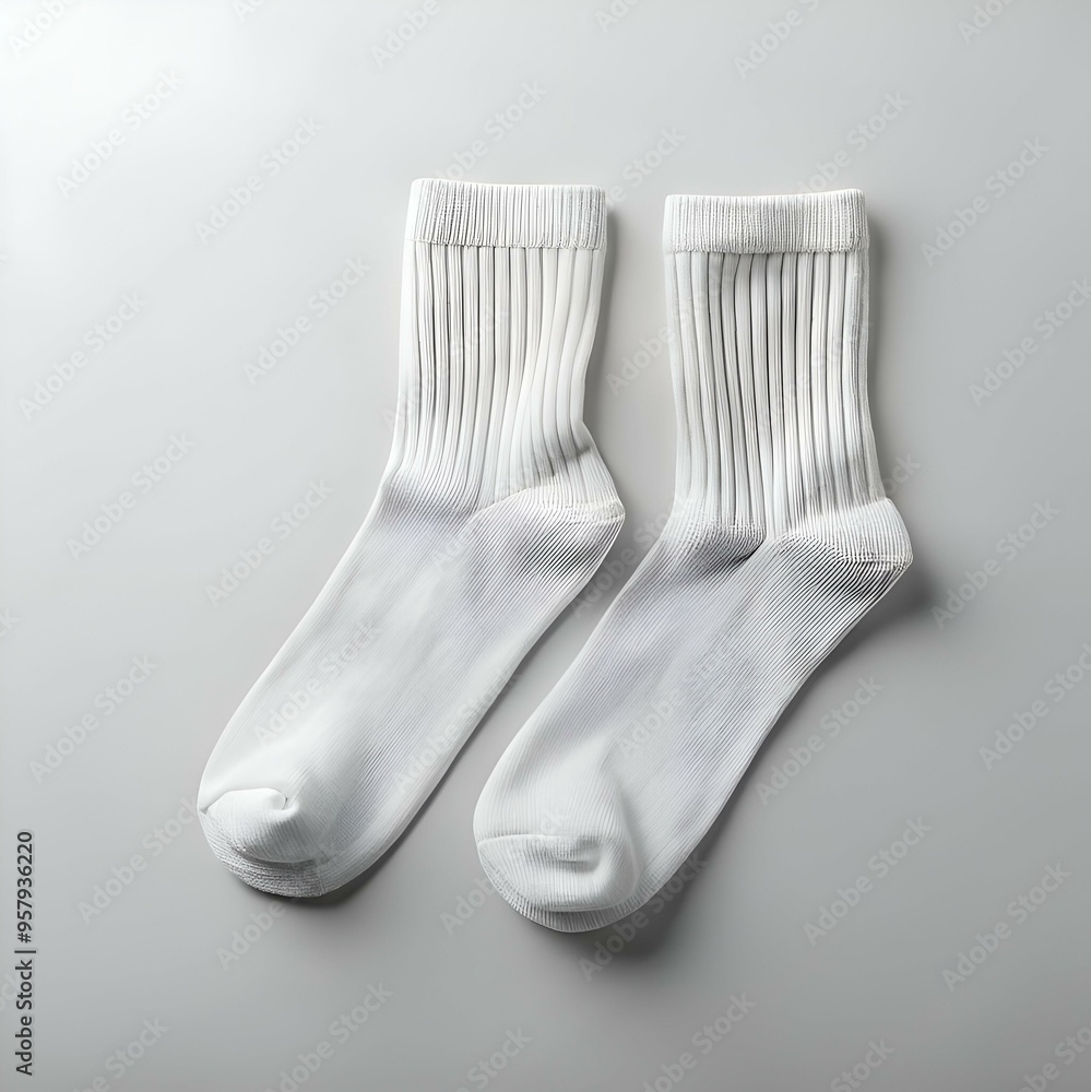 A pair of clean. white socks laid out on a white background. A pair of clean. white socks laid out on a white background.
