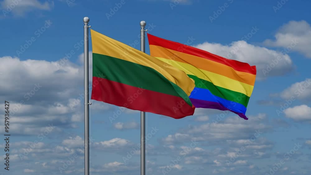 LGBT movement flag also Gay Pride and Lithuania two flags waving cycle looped video, tolerance conception in country LGBT movement flag also Gay Pride and Lithuania two flags waving cycle looped video, tolerance conception in country