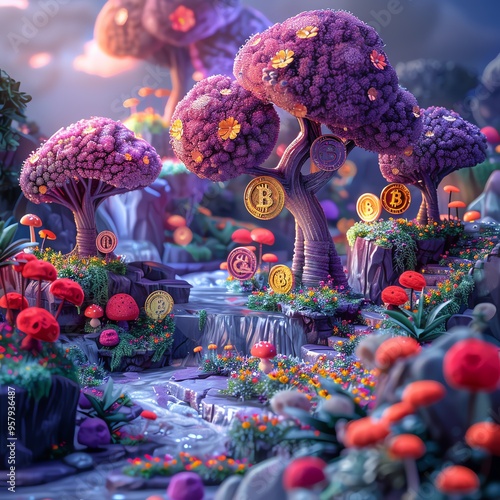 A dreamlike landscape with whimsical trees and colorful flowers, showcasing Bitcoin symbols in a vibrant fantasy world. photo