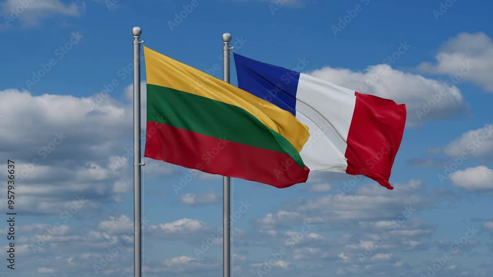 France and Lithuania flags waving together, video concept of the relationship, two country relations concept France and Lithuania flags waving together, video concept of the relationship, two country relations concept