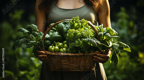 girl farmer holding basket of fresh salad vegetable at farm.