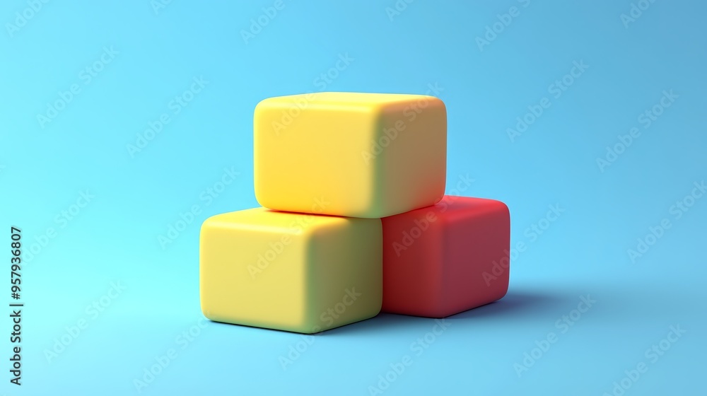 Brightly colored building blocks arranged playfully on a soft blue background, perfect for children's toys and educational concepts. Brightly colored building blocks arranged playfully on a soft blue background, perfect for children's toys and educational concepts.