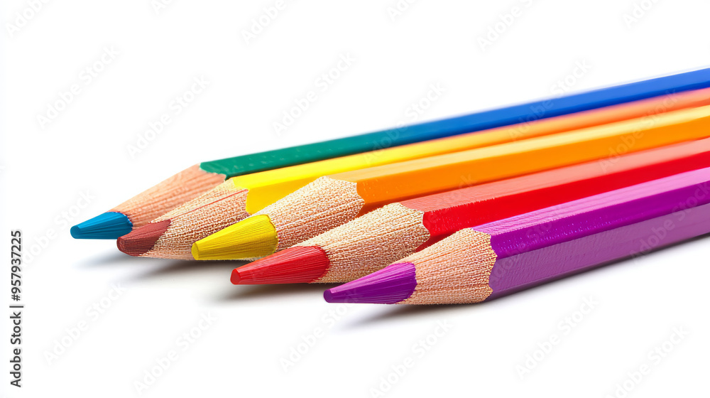 Fototapeta premium This set features a collection of pastel-colored pencils designed for children. Each pencil is crafted to provide a smooth, vibrant application of color, ideal for drawing and coloring. The soft, mute