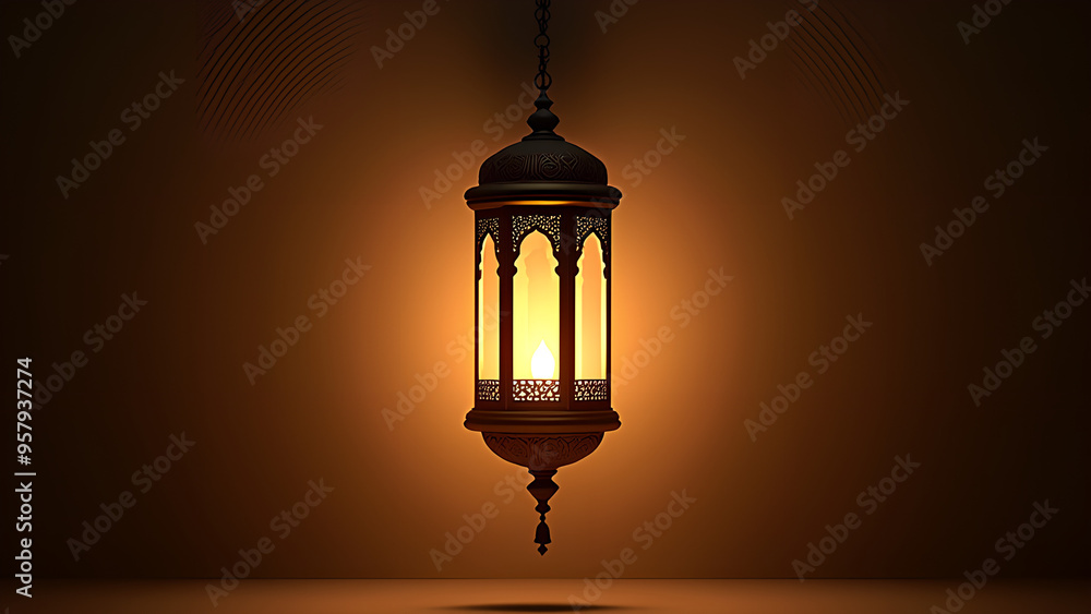Hanging ornate lantern casting a gentle light suitable for festive Islamic designs with plenty of copy space for greetings and messages Hanging ornate lantern casting a gentle light suitable for festive Islamic designs with plenty of copy space for greetings and messages
