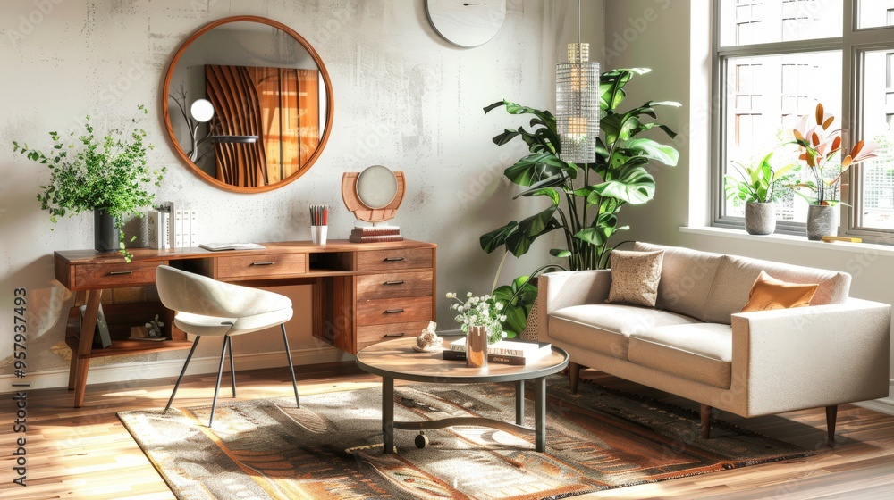 Fototapeta premium Urban Oasis: Modern Open Space with Wooden Desk, Fresh Plants, and Elegant Accessories