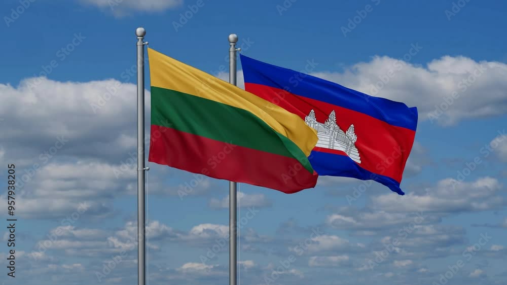 Cambodia and Lithuania flags flying together, video concept of the relationship, two country relations concept Cambodia and Lithuania flags flying together, video concept of the relationship, two country relations concept