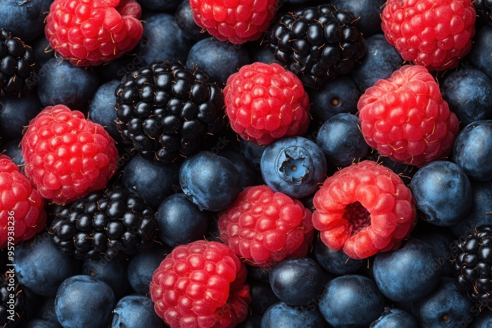 A close-up view of a mix of fresh raspberries, blackberries, and blueberries. A close-up view of a mix of fresh raspberries, blackberries, and blueberries.