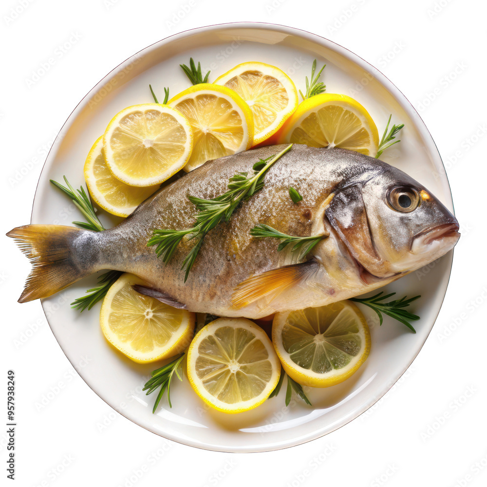 Bream fish with lemon slices on white plate isolated on transparent background Bream fish with lemon slices on white plate isolated on transparent background