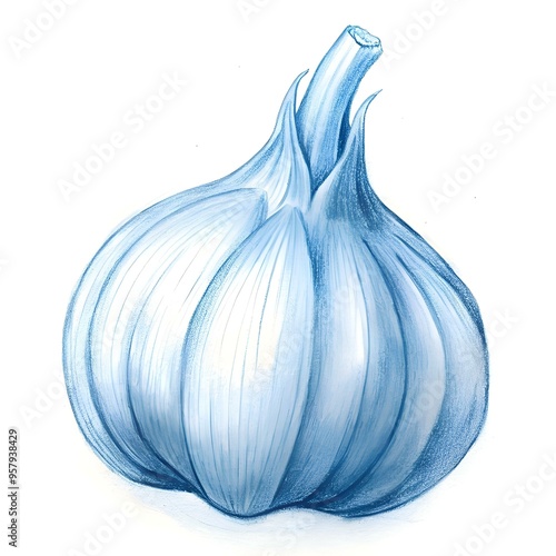 A detailed blue pencil sketch of an elephant garlic bulb. perfect for culinary. botanical. or kitchen themed projects. photo