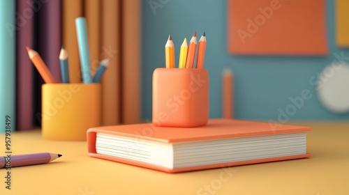 A colorful stationery scene featuring a book and pencil holder filled with vibrant pencils, perfect for study and creative projects. photo