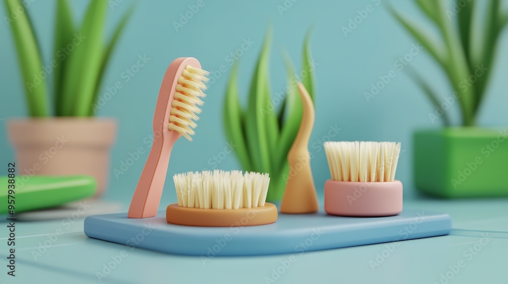 Colorful toothbrushes and brushes arranged on a blue tray, complemented by greenery for a fresh, modern aesthetic. Colorful toothbrushes and brushes arranged on a blue tray, complemented by greenery for a fresh, modern aesthetic.
