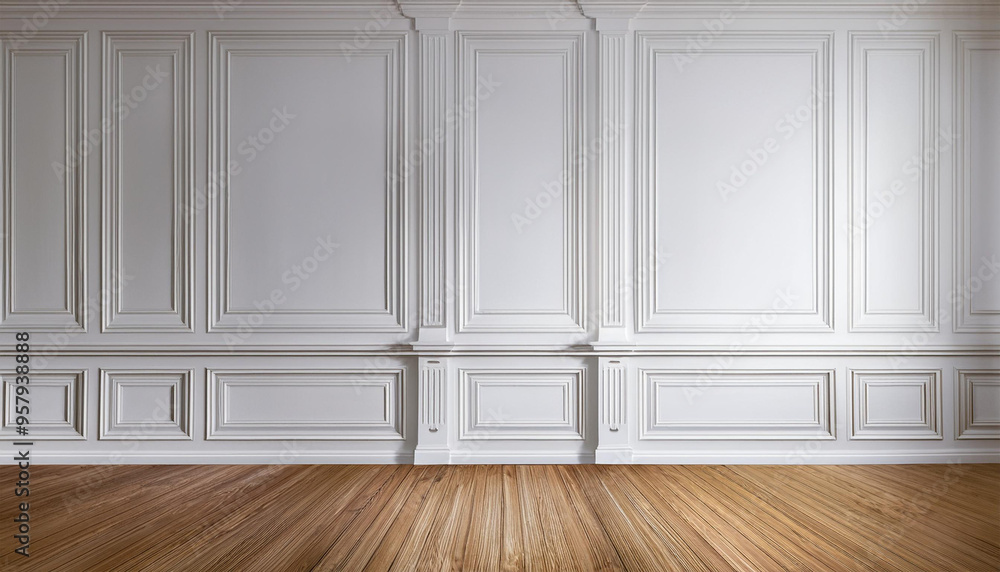 Room interior with white classic wall panel and wooden floor. Light background with luxury elegant molding frames. Realistic 3d vector illustration of home or office design with moulding and parquet Room interior with white classic wall panel and wooden floor. Light background with luxury elegant molding frames. Realistic 3d vector illustration of home or office design with moulding and parquet