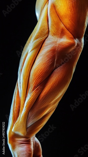 Close-up of a muscular arm, showcasing intricate muscle definition, isolated on a black background.