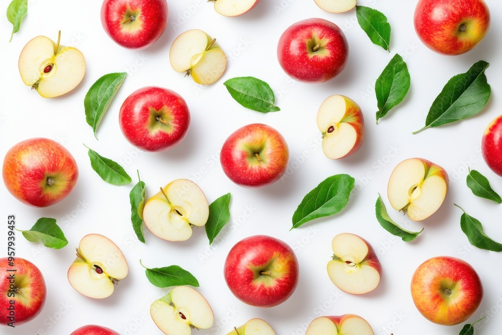 A collection of whole apples, apple slices, and green leaves are scattered and floating against A collection of whole apples, apple slices, and green leaves are scattered and floating against