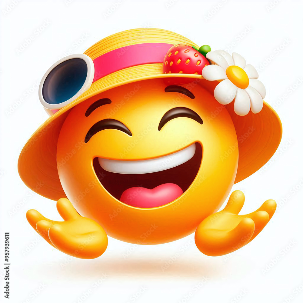 Fototapeta premium Laughing smiley face in a hat on a white background