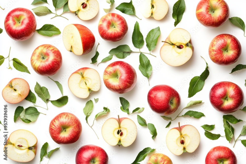 A collection of whole apples, apple slices, and green leaves are scattered and floating against A collection of whole apples, apple slices, and green leaves are scattered and floating against