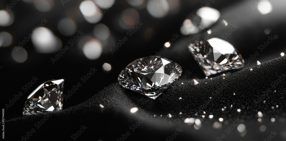 Sparkling Diamonds on Black Fabric with Bokeh Lights Sparkling Diamonds on Black Fabric with Bokeh Lights