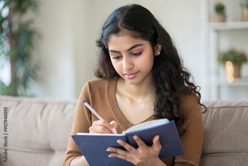 An Indian female student planning her schedule with a study planner and pen.
An Indian female student planning her schedule with a study planner and pen.