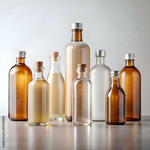 Wallpaper Mural A row of seven glass bottles with various colors and shapes on a light grey background. Torontodigital.ca