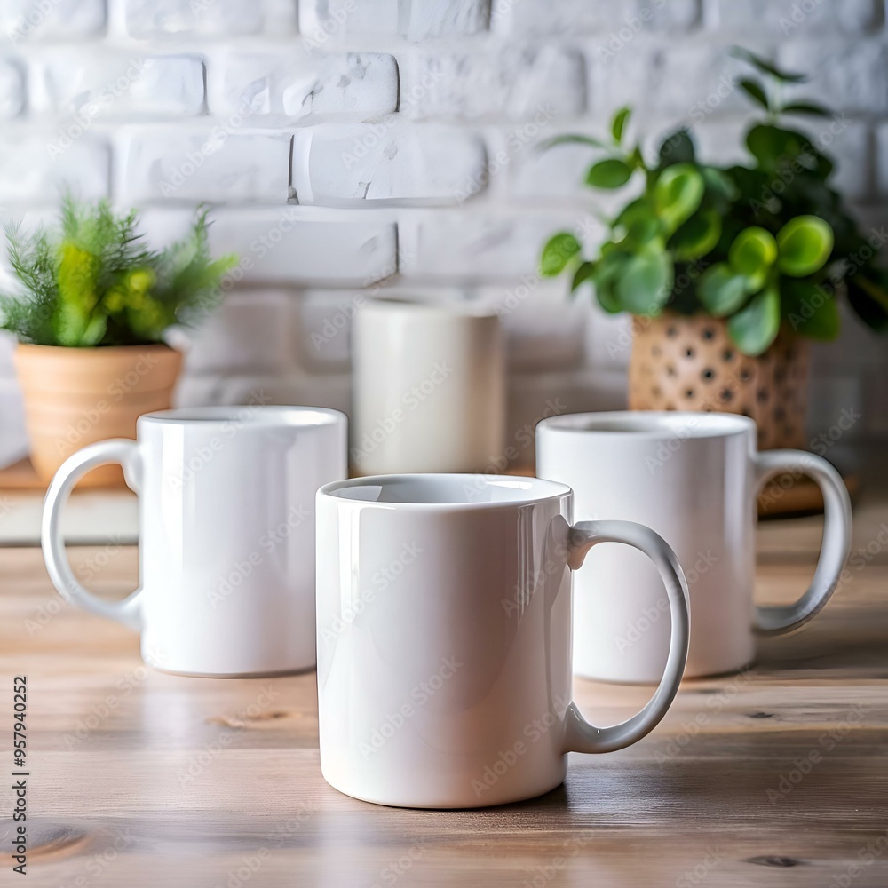 Three clean. white mugs on a rustic wooden table. perfect for showcasing your designs or branding. Three clean. white mugs on a rustic wooden table. perfect for showcasing your designs or branding.