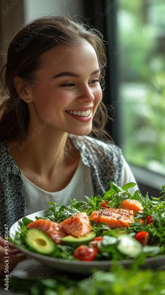 Happy Young woman eating Salted salmon salad with fresh green lettuce,smoked salmon,tomato,Ketogenic,diet lunch bowl,enjoy eat clean vegetables after exercise,Healthy food concept,sport girl. Happy Young woman eating Salted salmon salad with fresh green lettuce,smoked salmon,tomato,Ketogenic,diet lunch bowl,enjoy eat clean vegetables after exercise,Healthy food concept,sport girl.
