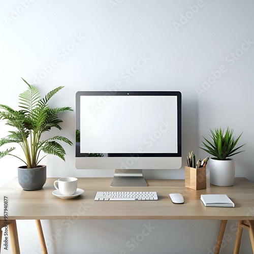 Clean and modern desktop mockup featuring a blank computer screen. ready for your design.